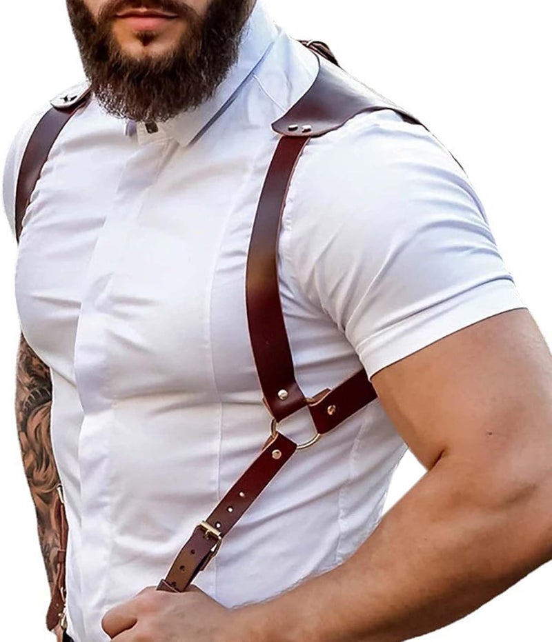Fstrend Men's Leather Suspender, Adjustable Brown Faux Leather Shoulder Strap, Punk Body Belt for Clubwear, Cosplay and Party - Image 1